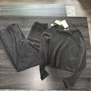 LG Black Ribbed Two-Piece Set with Silver Pinstripes